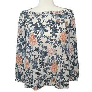 LOFT Floral Peplum Blouse Women’s M | Cream Teal Coral 3/4 Sleeve Boat Neck Top